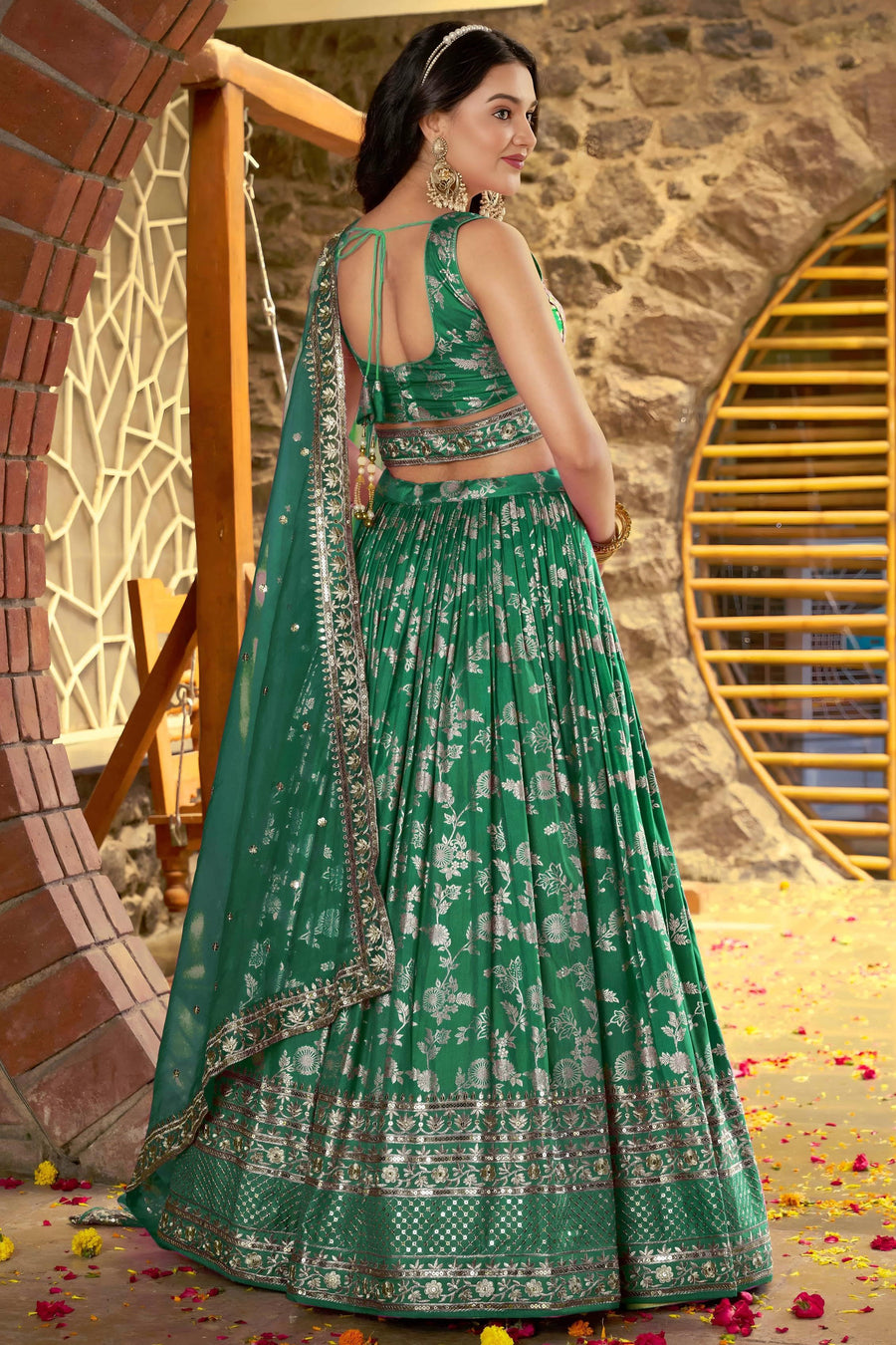 Teal Green Jacquard Silk Lehenga Choli For Indian & Pakistani Wedding Festival - Sequence Embroidery Work, Zari Work