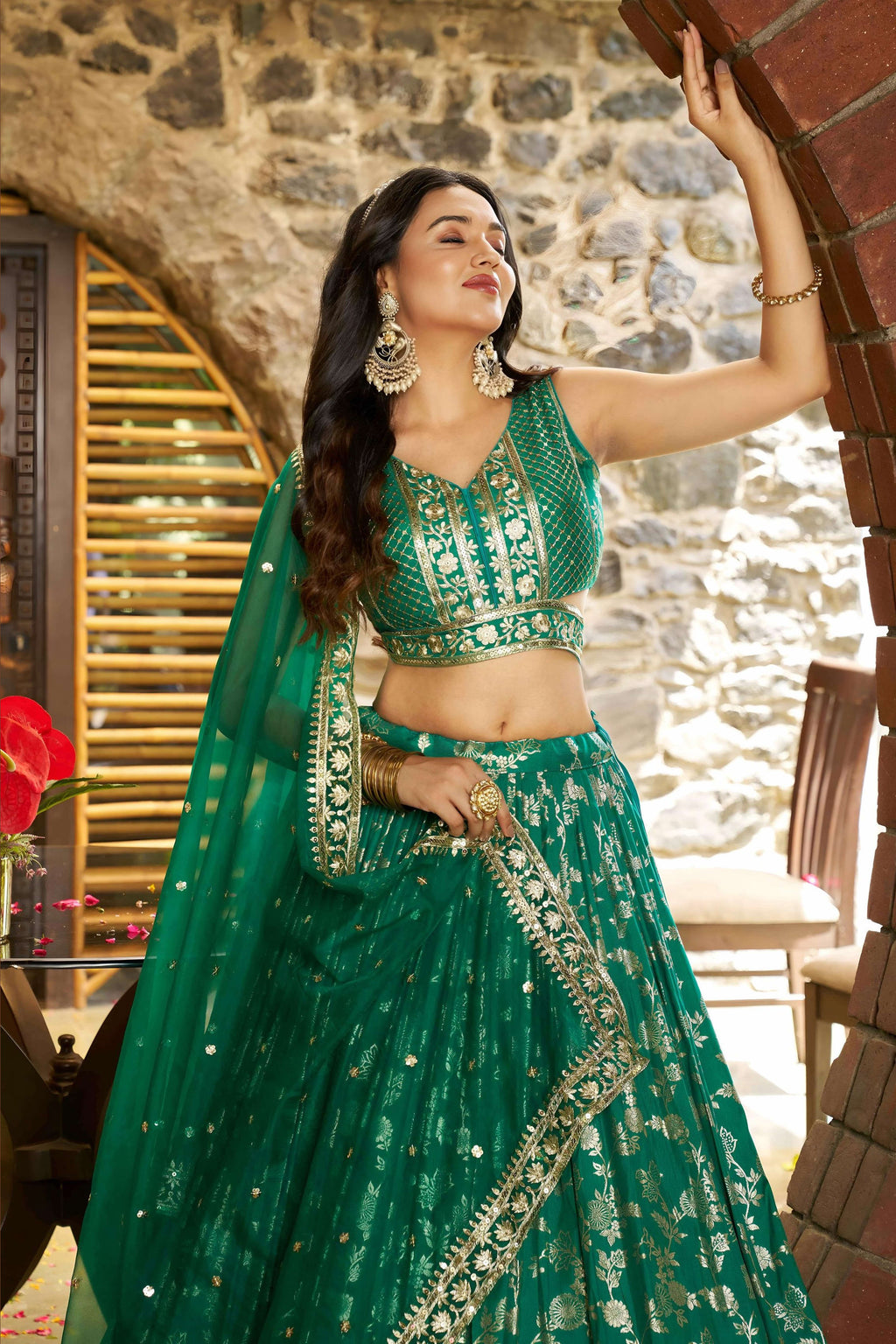 Teal Green Jacquard Silk Lehenga Choli For Indian & Pakistani Wedding Festival - Sequence Embroidery Work, Zari Work
