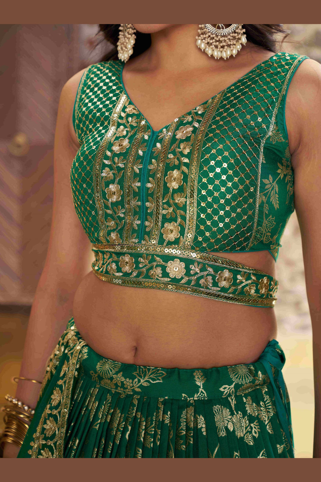 Teal Green Jacquard Silk Lehenga Choli For Indian & Pakistani Wedding Festival - Sequence Embroidery Work, Zari Work