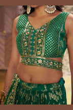 Teal Green Jacquard Silk Lehenga Choli For Indian & Pakistani Wedding Festival - Sequence Embroidery Work, Zari Work