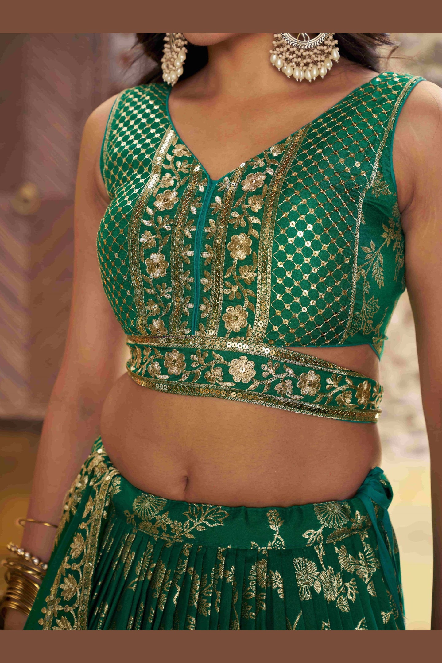 Teal Green Jacquard Silk Lehenga Choli For Indian & Pakistani Wedding Festival - Sequence Embroidery Work, Zari Work