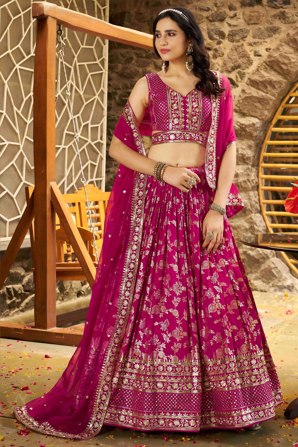 Hot Pink Jacquard Silk Lehenga Choli For Indian & Pakistani Wedding Festival - Sequence Embroidery Work, Zari Work