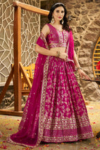Hot Pink Jacquard Silk Lehenga Choli For Indian & Pakistani Wedding Festival - Sequence Embroidery Work, Zari Work