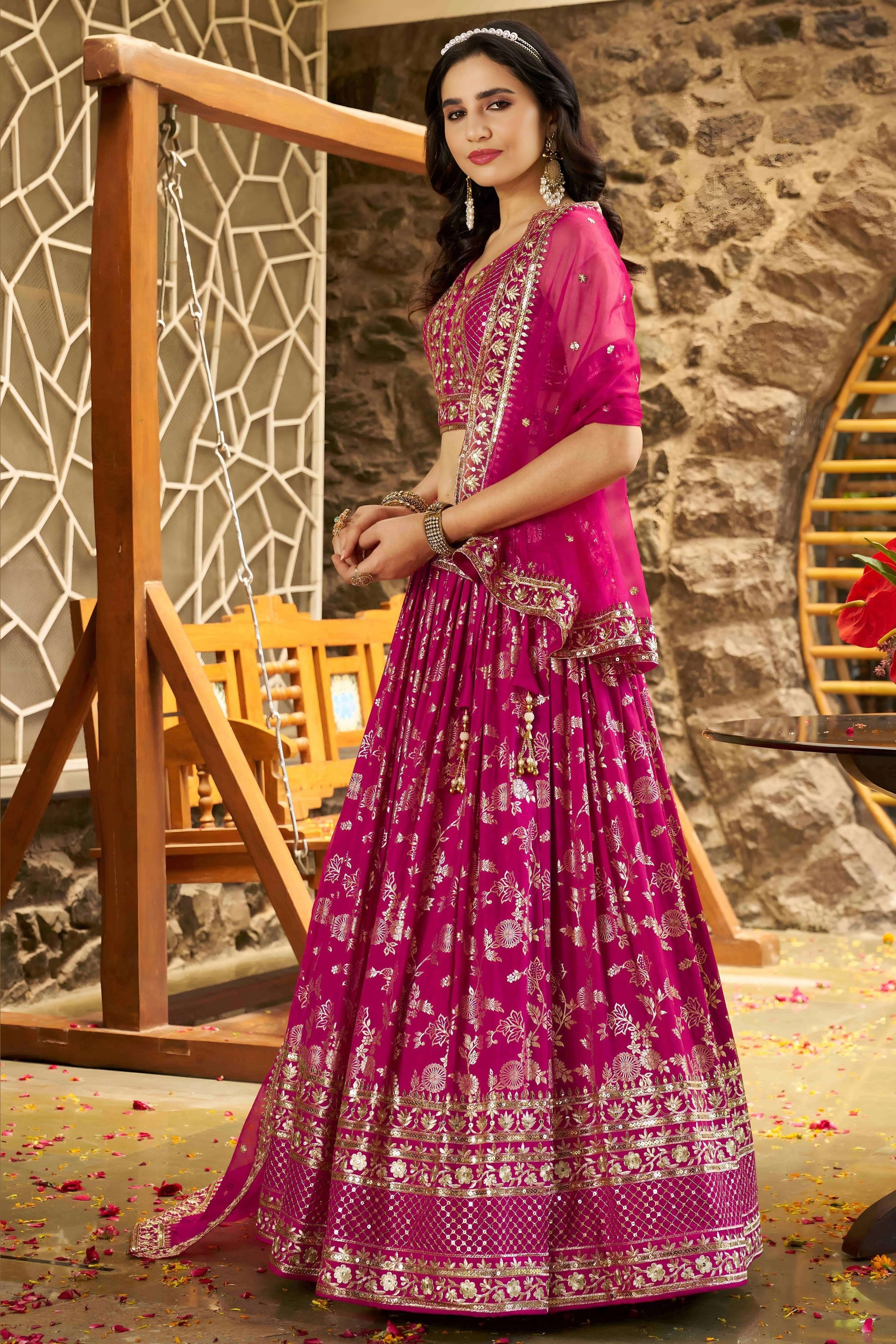 Hot Pink Jacquard Silk Lehenga Choli For Indian & Pakistani Wedding Festival - Sequence Embroidery Work, Zari Work