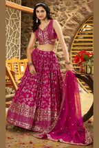 Hot Pink Jacquard Silk Lehenga Choli For Indian & Pakistani Wedding Festival - Sequence Embroidery Work, Zari Work