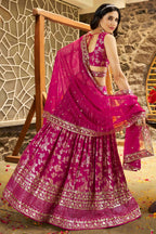 Hot Pink Jacquard Silk Lehenga Choli For Indian & Pakistani Wedding Festival - Sequence Embroidery Work, Zari Work