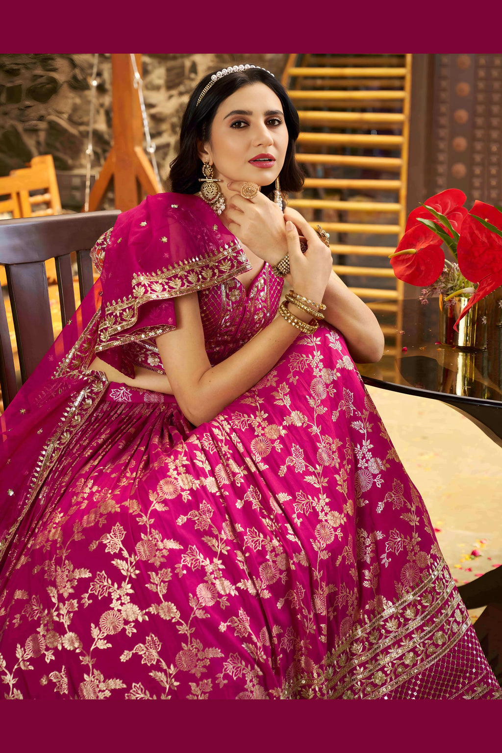 Hot Pink Jacquard Silk Lehenga Choli For Indian & Pakistani Wedding Festival - Sequence Embroidery Work, Zari Work