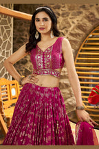 Hot Pink Jacquard Silk Lehenga Choli For Indian & Pakistani Wedding Festival - Sequence Embroidery Work, Zari Work