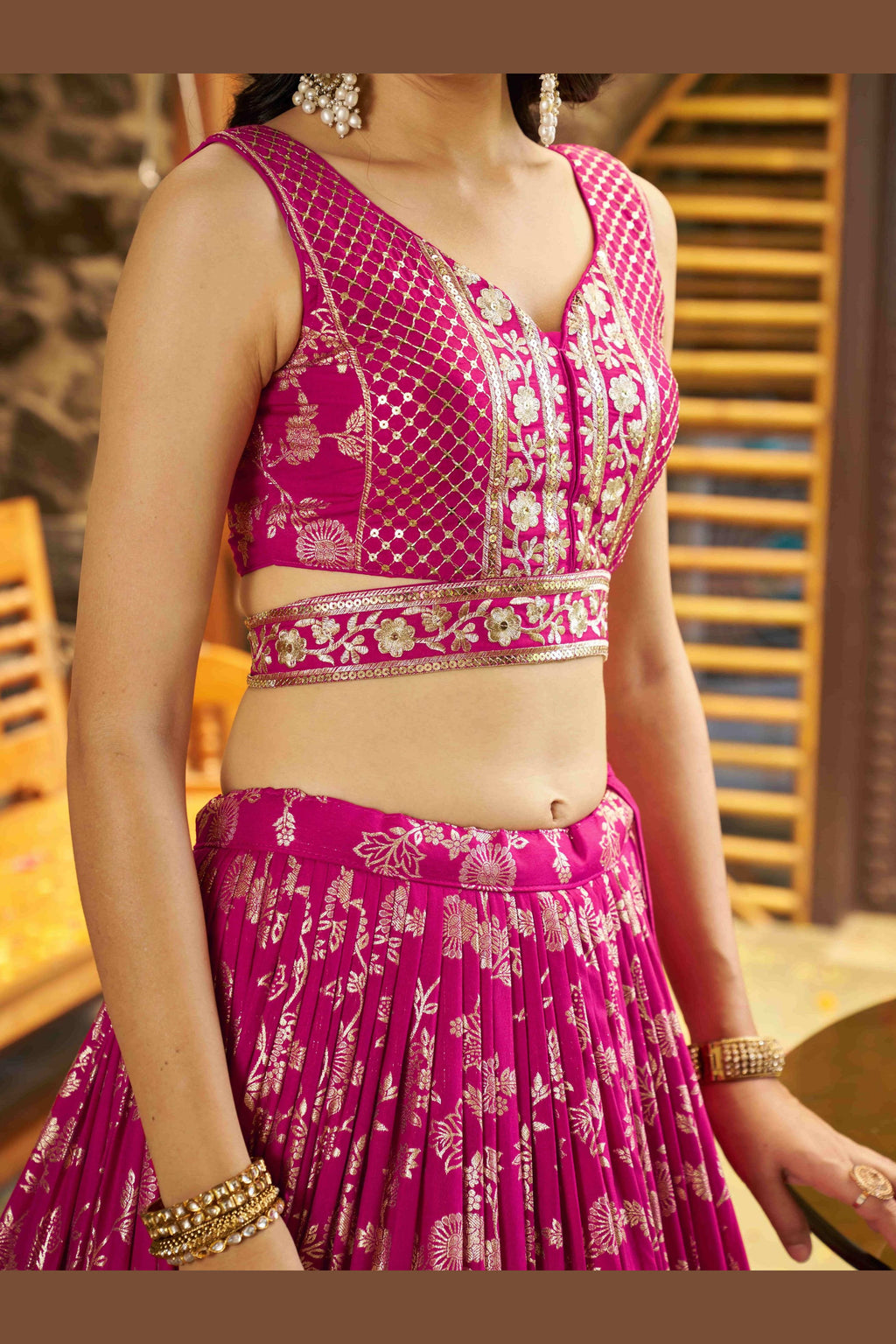 Hot Pink Jacquard Silk Lehenga Choli For Indian & Pakistani Wedding Festival - Sequence Embroidery Work, Zari Work