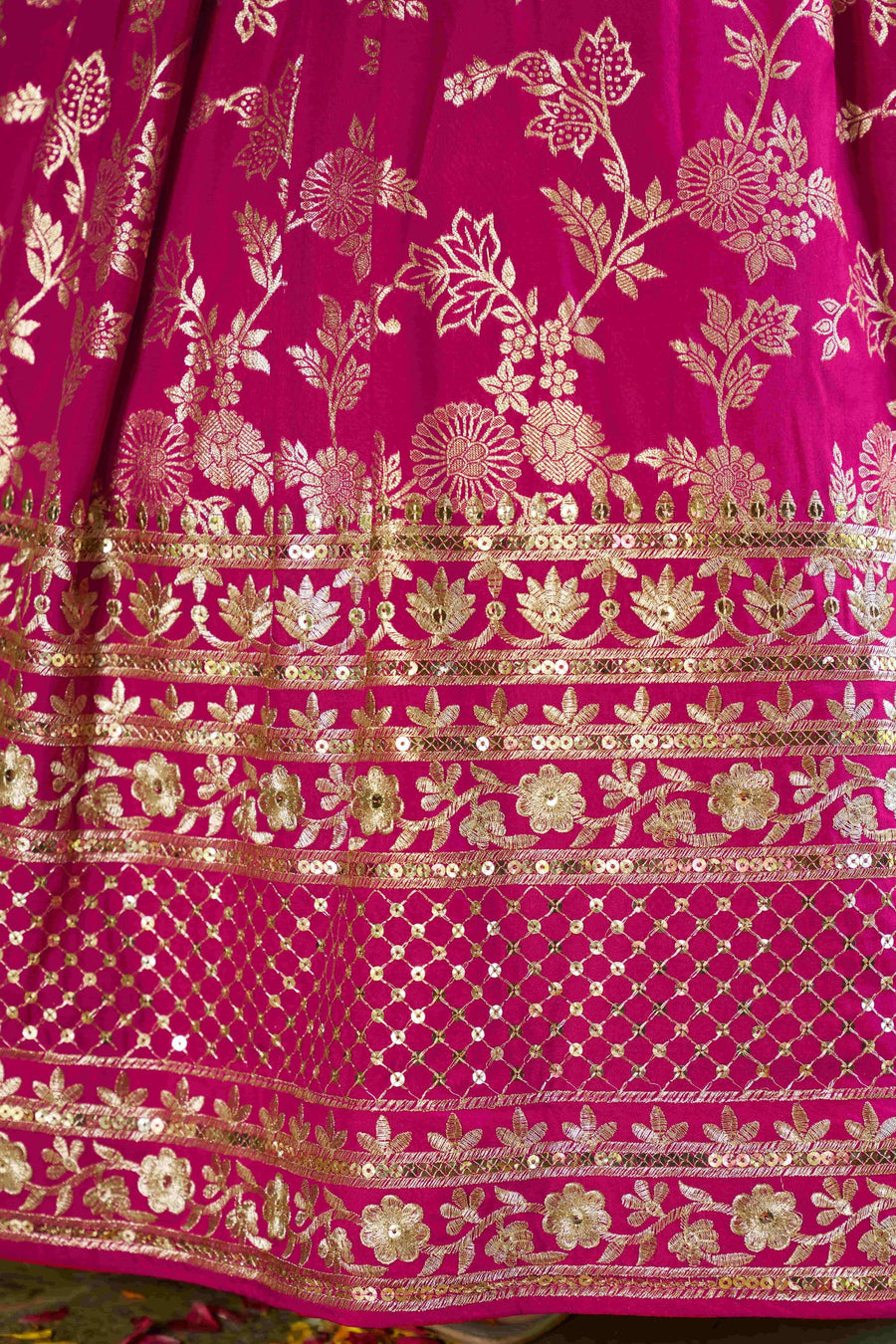 Hot Pink Jacquard Silk Lehenga Choli For Indian & Pakistani Wedding Festival - Sequence Embroidery Work, Zari Work