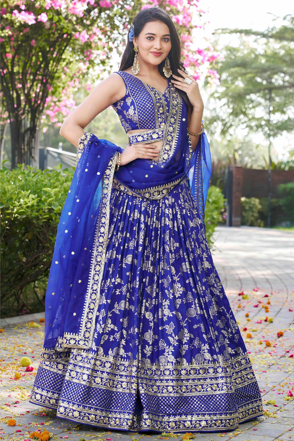 Royal Blue Jacquard Silk Lehenga Choli For Indian & Pakistani Wedding Festival - Sequence Embroidery Work, Zari Work