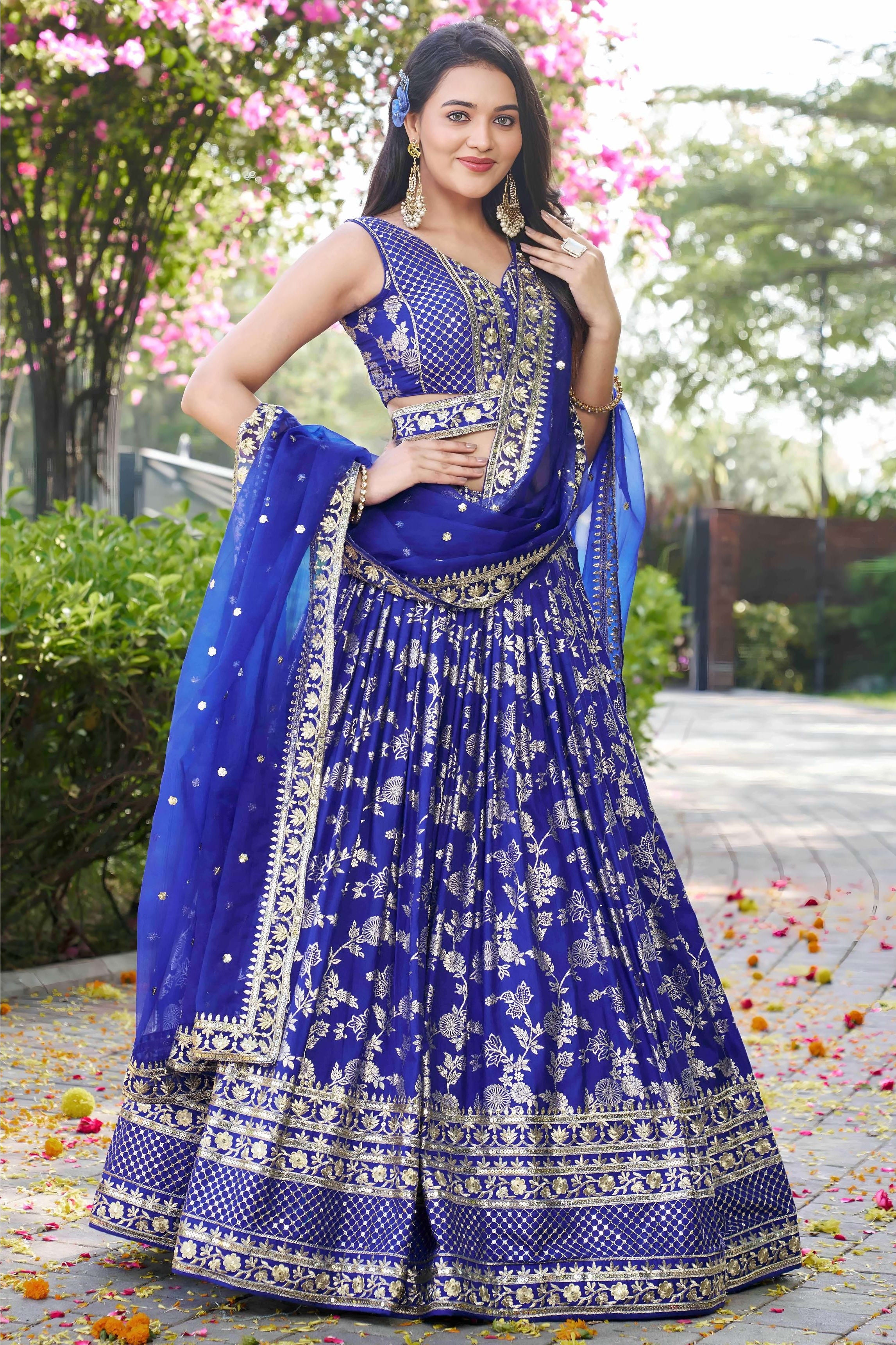 Royal Blue Jacquard Silk Lehenga Choli For Indian & Pakistani Wedding Festival - Sequence Embroidery Work, Zari Work