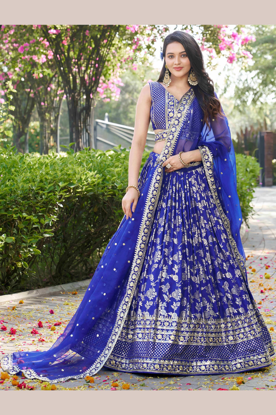 Royal Blue Jacquard Silk Lehenga Choli For Indian & Pakistani Wedding Festival - Sequence Embroidery Work, Zari Work