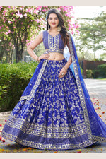 Royal Blue Jacquard Silk Lehenga Choli For Indian & Pakistani Wedding Festival - Sequence Embroidery Work, Zari Work