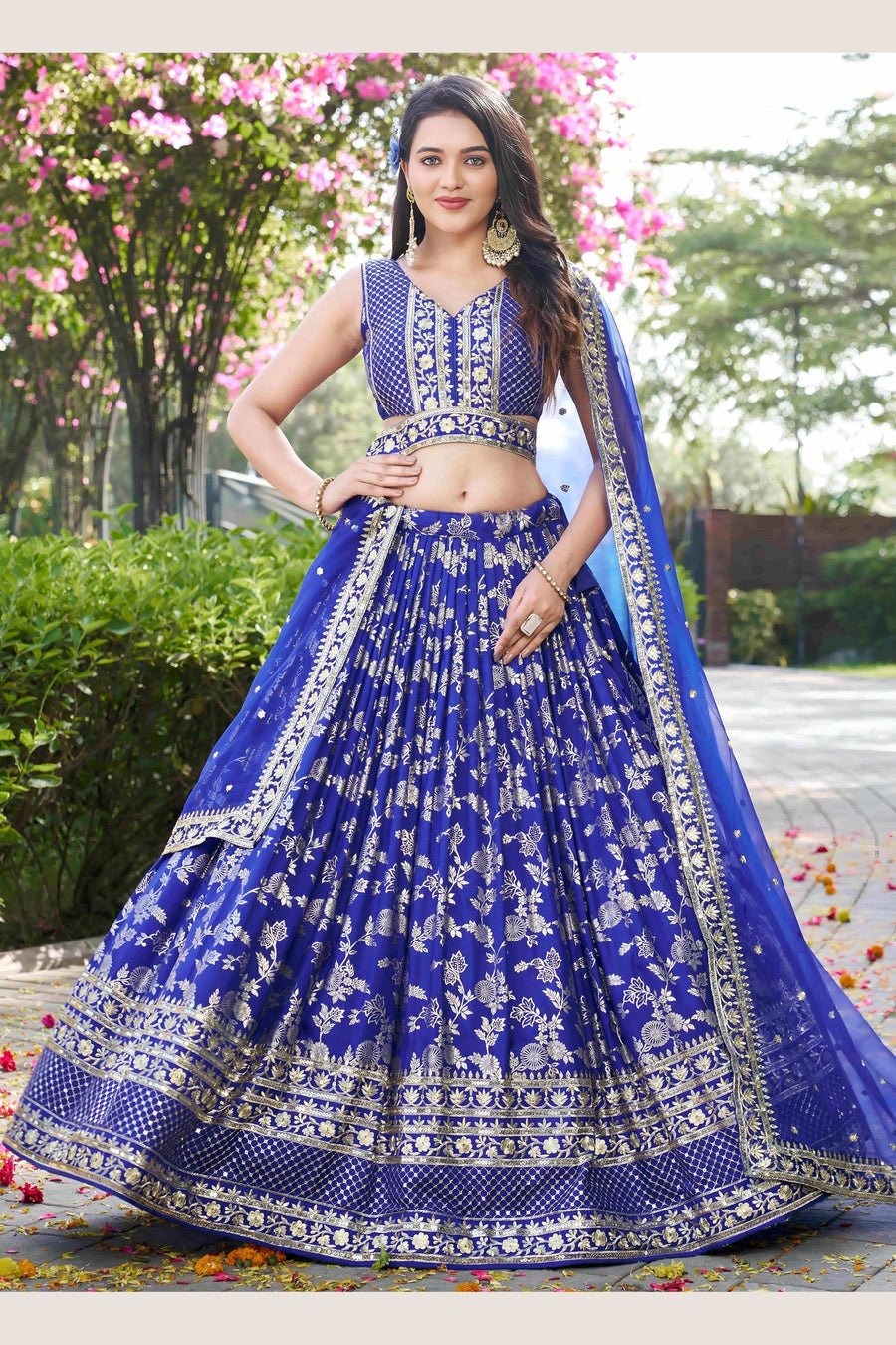 Royal Blue Jacquard Silk Lehenga Choli For Indian & Pakistani Wedding Festival - Sequence Embroidery Work, Zari Work