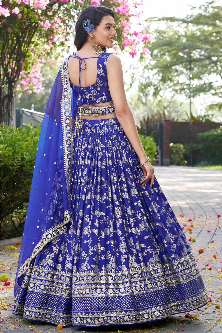 Royal Blue Jacquard Silk Lehenga Choli For Indian & Pakistani Wedding Festival - Sequence Embroidery Work, Zari Work