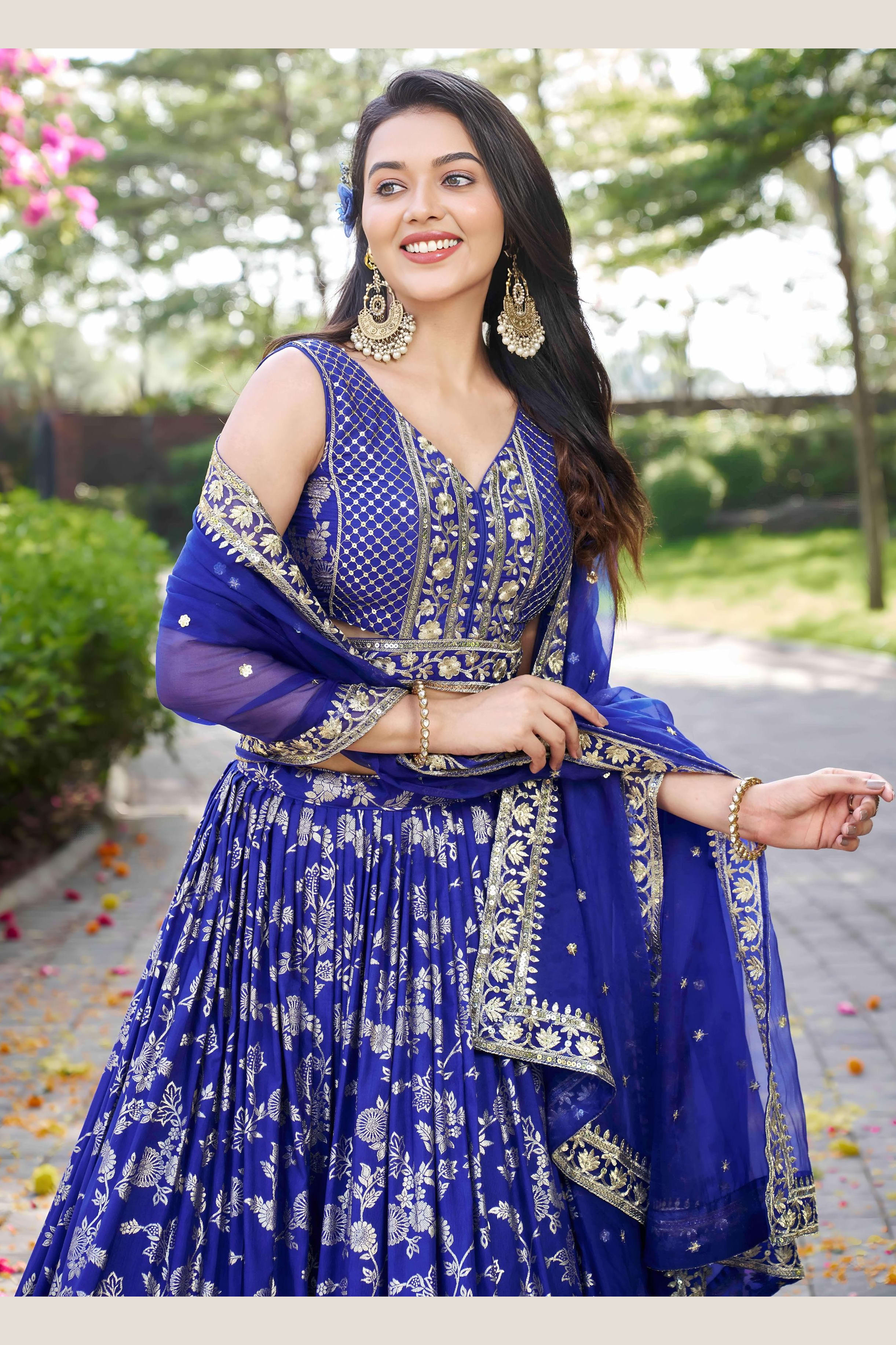 Royal Blue Jacquard Silk Lehenga Choli | Zari & Sequence Work