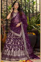Wine Jacquard Silk Lehenga Choli For Indian & Pakistani Wedding Festival - Sequence Embroidery Work, Zari Work