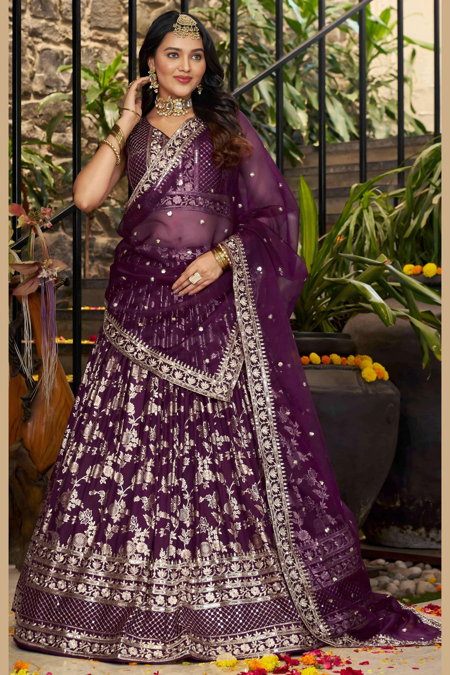Wine Jacquard Silk Lehenga Choli For Indian & Pakistani Wedding Festival - Sequence Embroidery Work, Zari Work
