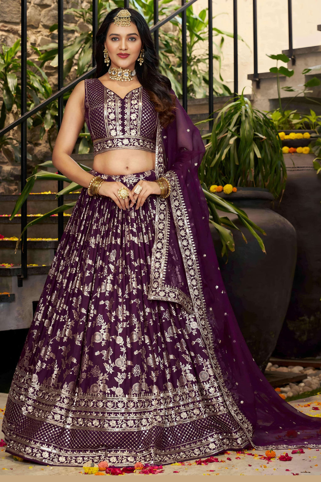 Wine Jacquard Silk Lehenga Choli For Indian & Pakistani Wedding Festival - Sequence Embroidery Work, Zari Work