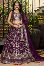 Wine Jacquard Silk Lehenga Choli For Indian & Pakistani Wedding Festival - Sequence Embroidery Work, Zari Work