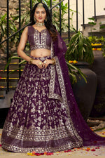 Wine Jacquard Silk Lehenga Choli For Indian & Pakistani Wedding Festival - Sequence Embroidery Work, Zari Work