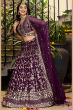 Wine Jacquard Silk Lehenga Choli For Indian & Pakistani Wedding Festival - Sequence Embroidery Work, Zari Work
