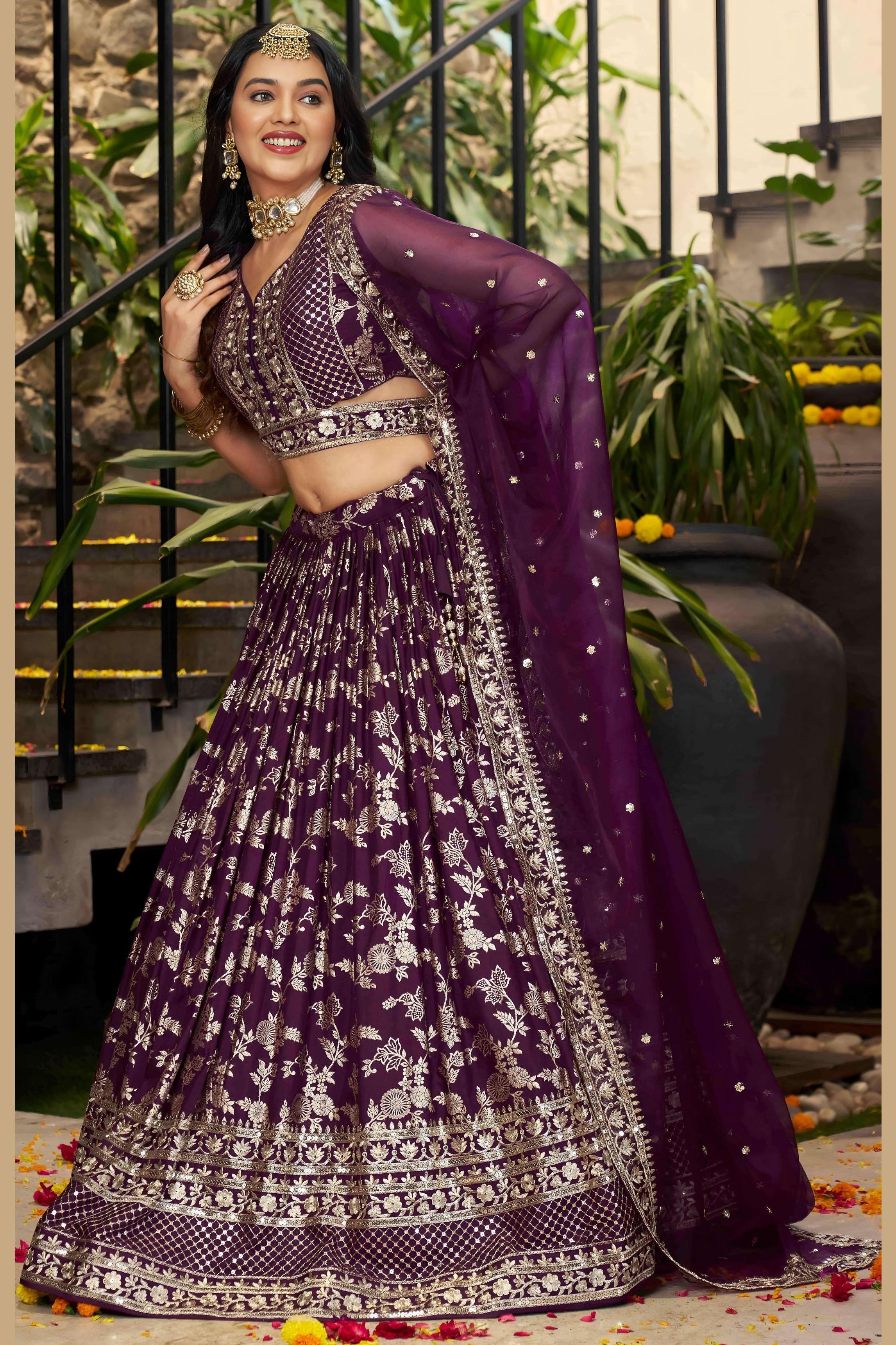 Wine Jacquard Silk Lehenga Choli For Indian & Pakistani Wedding Festival - Sequence Embroidery Work, Zari Work