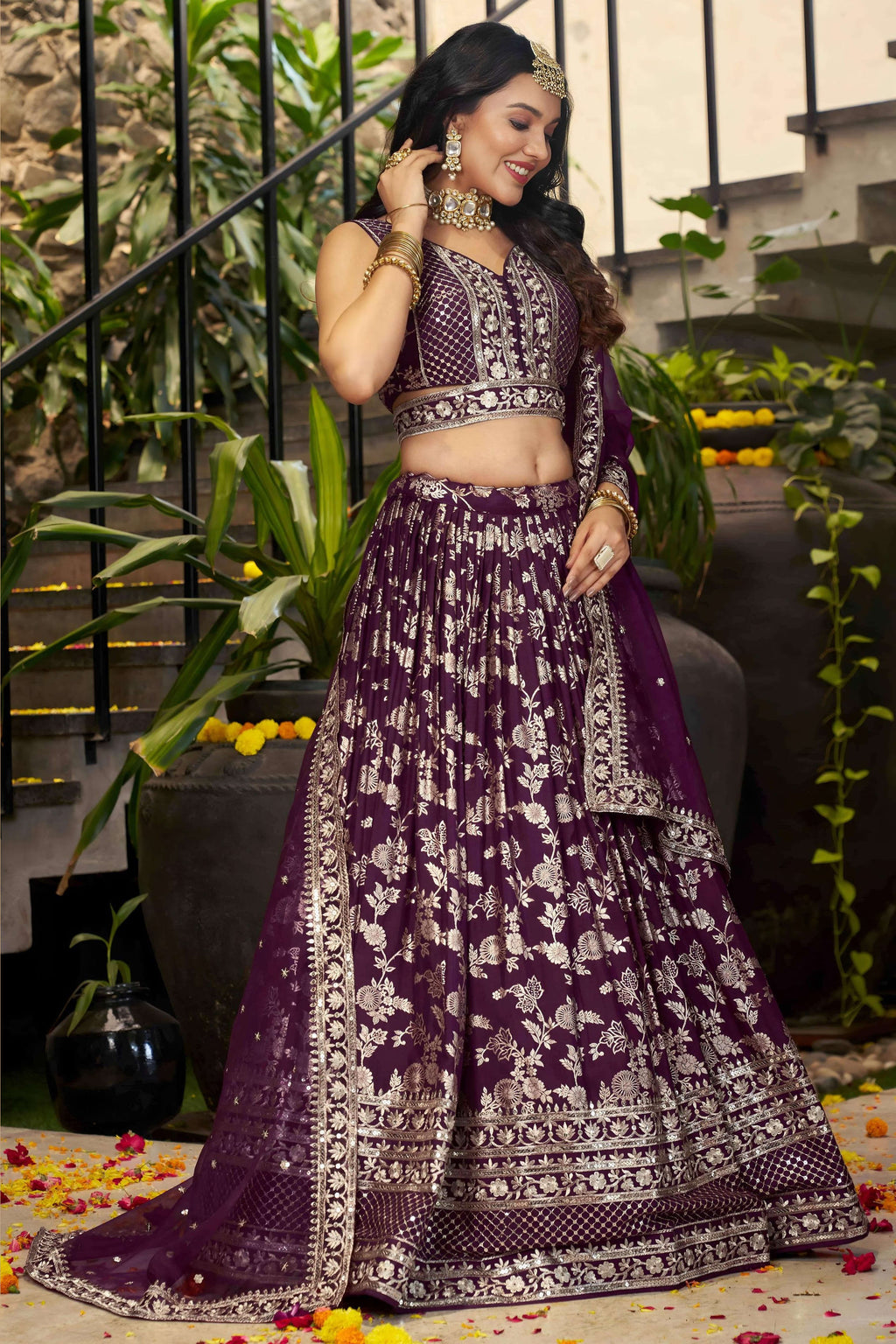 Wine Jacquard Silk Lehenga Choli For Indian & Pakistani Wedding Festival - Sequence Embroidery Work, Zari Work