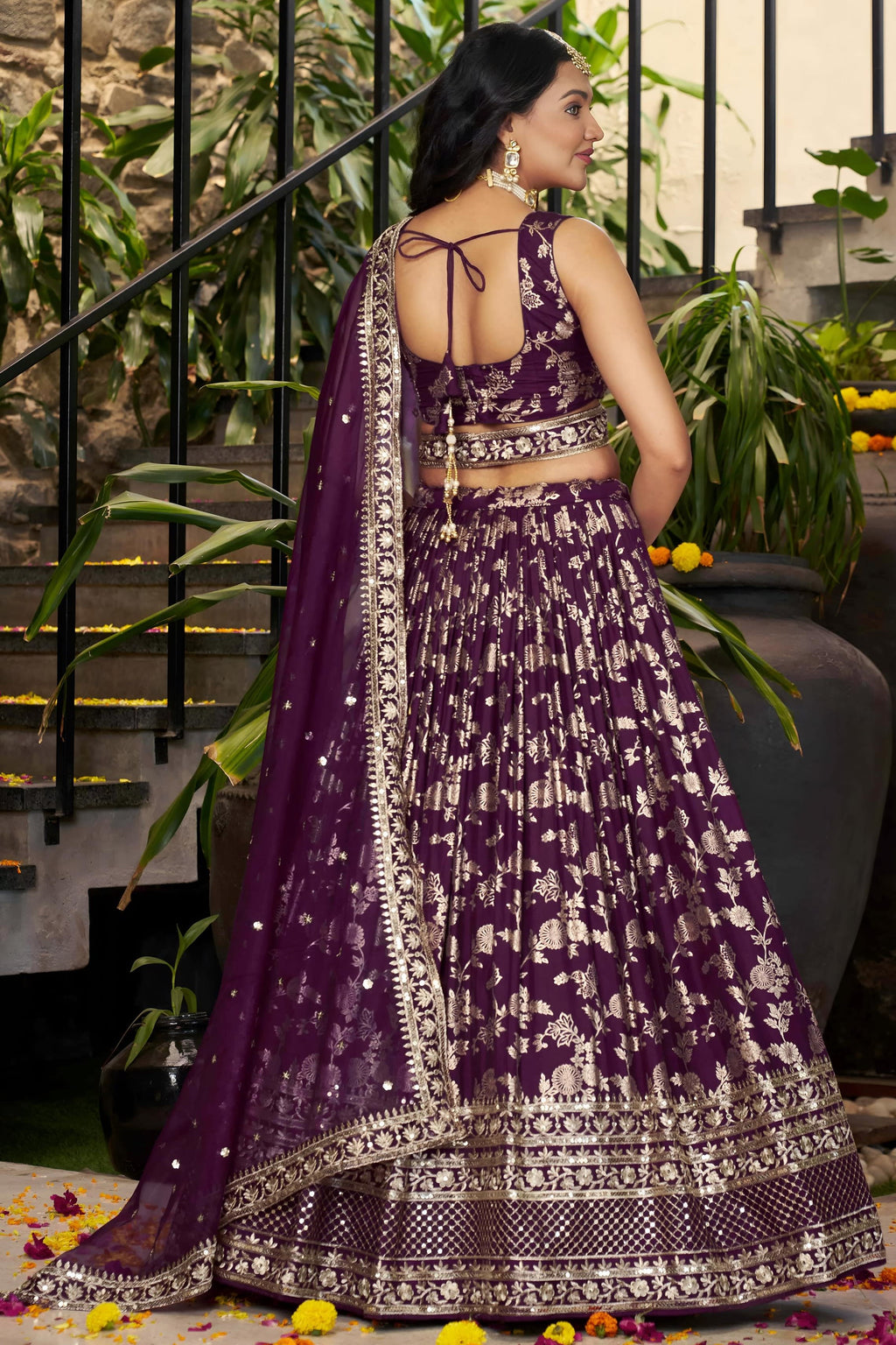 Wine Jacquard Silk Lehenga Choli For Indian & Pakistani Wedding Festival - Sequence Embroidery Work, Zari Work