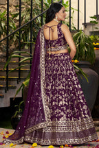 Wine Jacquard Silk Lehenga Choli For Indian & Pakistani Wedding Festival - Sequence Embroidery Work, Zari Work