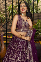 Wine Jacquard Silk Lehenga Choli For Indian & Pakistani Wedding Festival - Sequence Embroidery Work, Zari Work