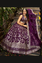 Wine Jacquard Silk Lehenga Choli For Indian & Pakistani Wedding Festival - Sequence Embroidery Work, Zari Work