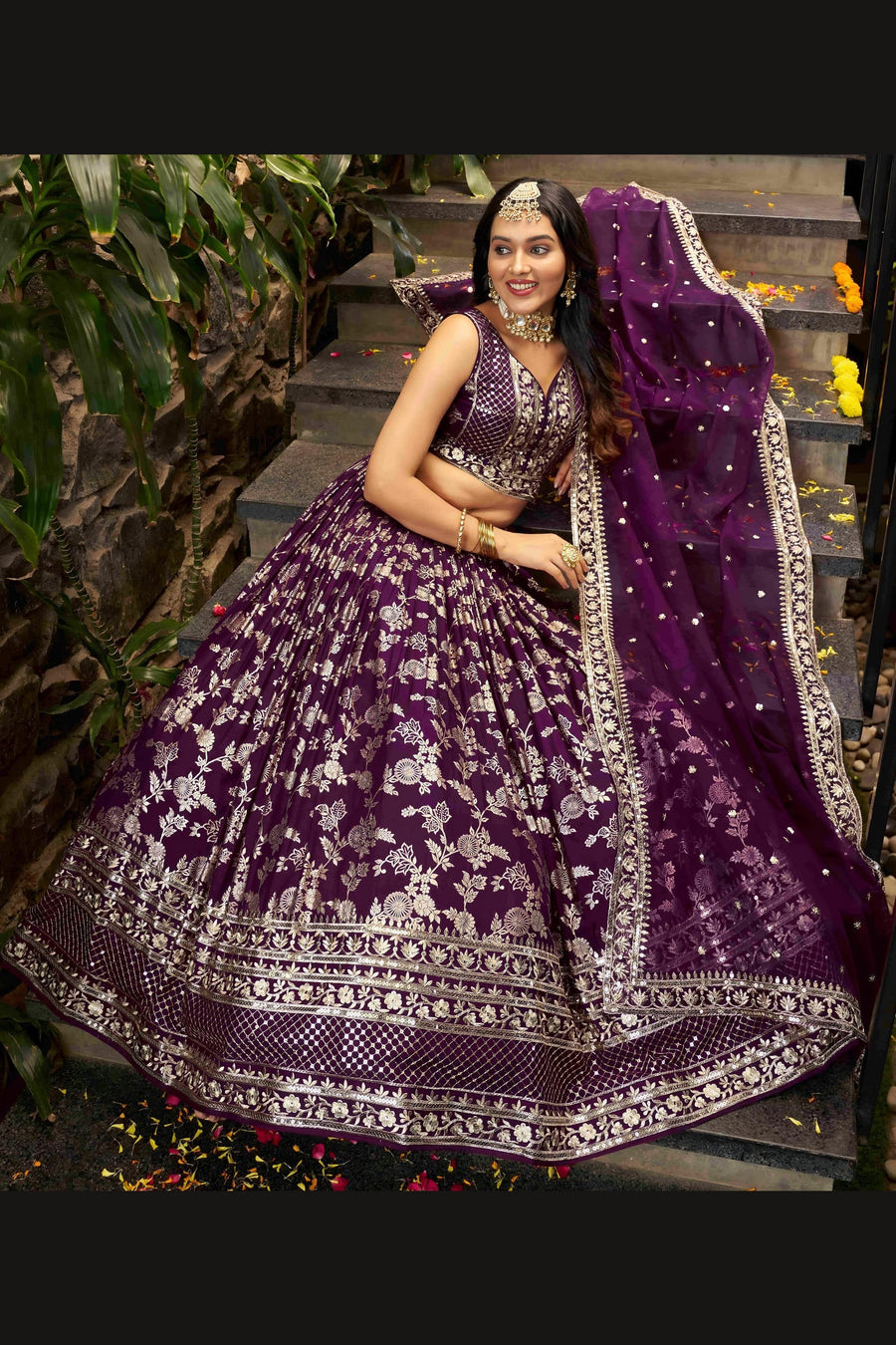 Wine Jacquard Silk Lehenga Choli For Indian & Pakistani Wedding Festival - Sequence Embroidery Work, Zari Work