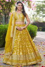 Yellow Jacquard Silk Lehenga Choli For Indian & Pakistani Wedding Festival - Sequence Embroidery Work, Zari Work