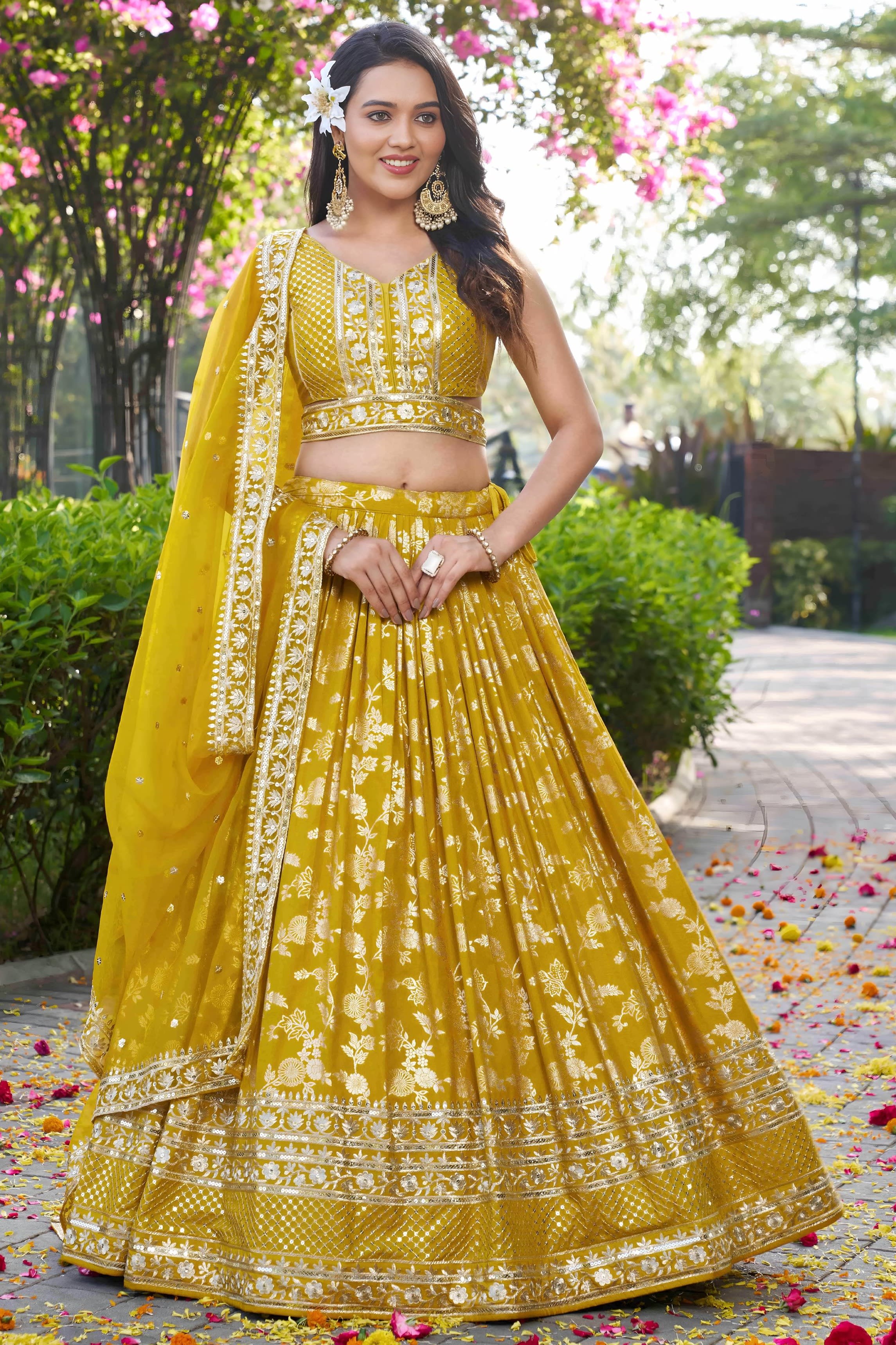 Yellow Jacquard Silk Lehenga Choli For Indian & Pakistani Wedding Festival - Sequence Embroidery Work, Zari Work