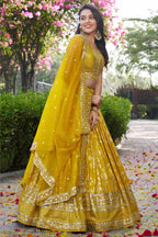 Yellow Jacquard Silk Lehenga Choli For Indian & Pakistani Wedding Festival - Sequence Embroidery Work, Zari Work