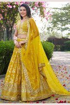 Yellow Jacquard Silk Lehenga Choli For Indian & Pakistani Wedding Festival - Sequence Embroidery Work, Zari Work