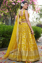 Yellow Jacquard Silk Lehenga Choli For Indian & Pakistani Wedding Festival - Sequence Embroidery Work, Zari Work