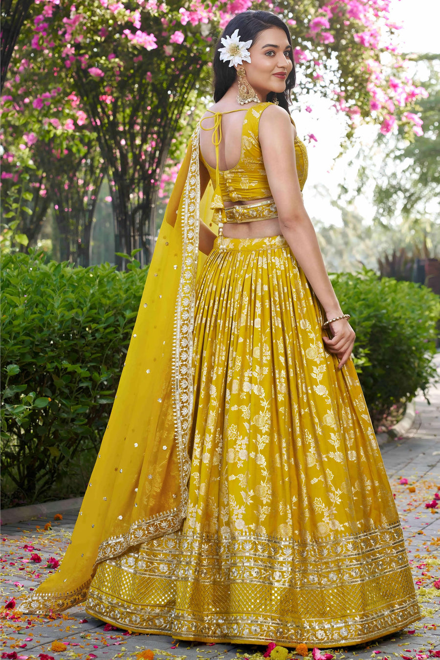 Yellow Jacquard Silk Lehenga Choli For Indian & Pakistani Wedding Festival - Sequence Embroidery Work, Zari Work