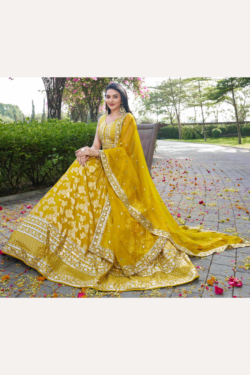 Yellow Jacquard Silk Lehenga Choli For Indian & Pakistani Wedding Festival - Sequence Embroidery Work, Zari Work