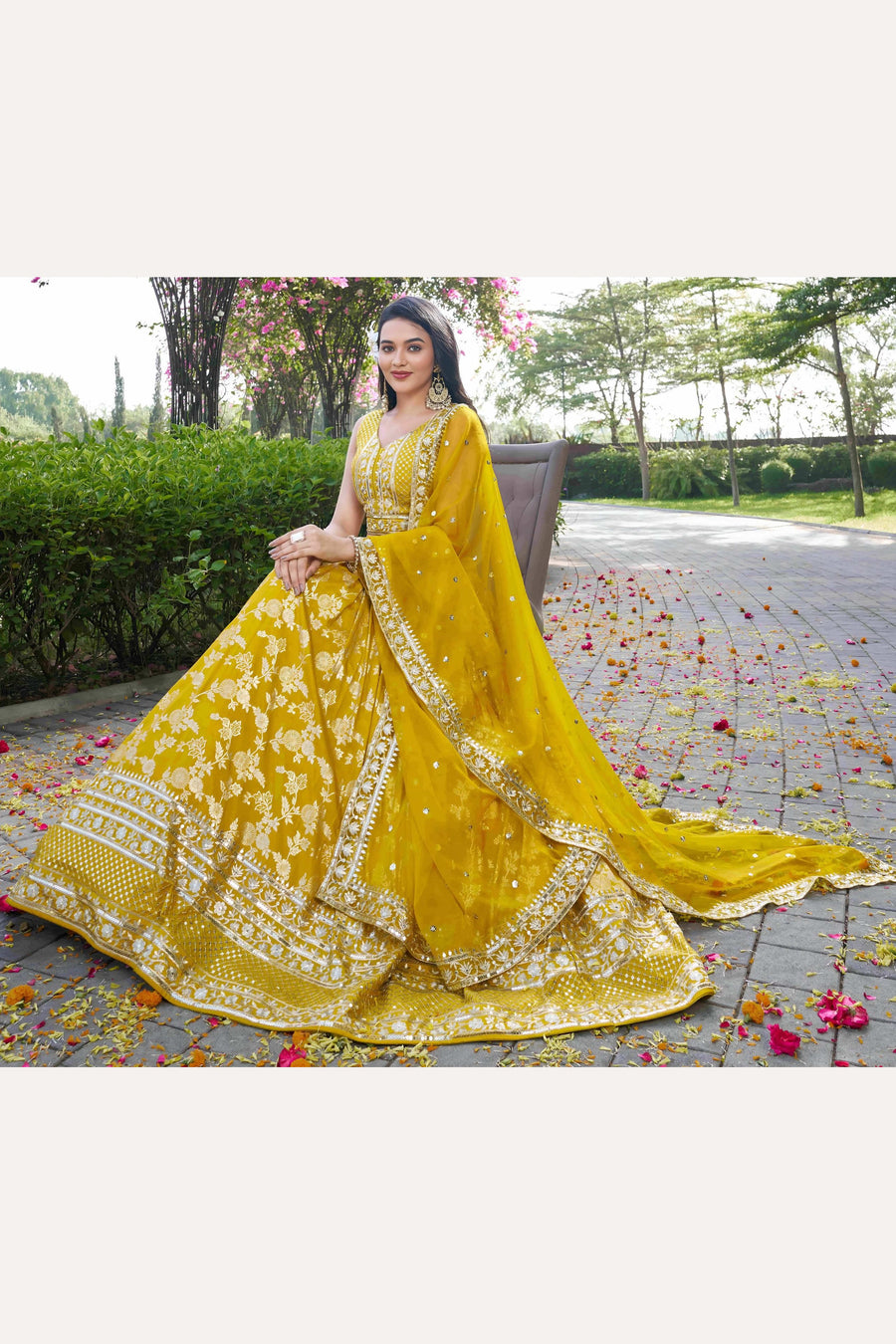 Yellow Jacquard Silk Lehenga Choli For Indian & Pakistani Wedding Festival - Sequence Embroidery Work, Zari Work