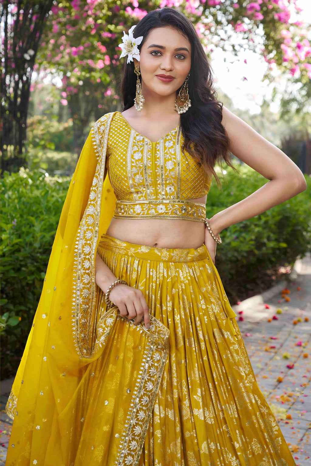 Yellow Jacquard Silk Lehenga Choli For Indian & Pakistani Wedding Festival - Sequence Embroidery Work, Zari Work