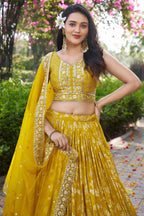 Yellow Jacquard Silk Lehenga Choli For Indian & Pakistani Wedding Festival - Sequence Embroidery Work, Zari Work