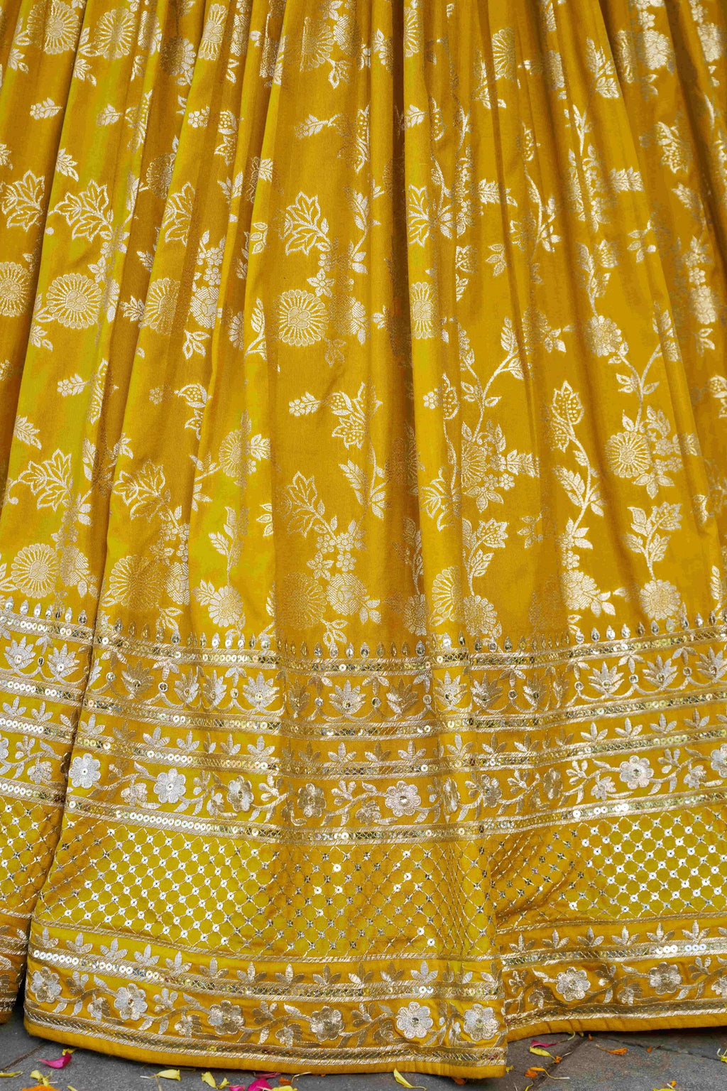 Yellow Jacquard Silk Lehenga Choli For Indian & Pakistani Wedding Festival - Sequence Embroidery Work, Zari Work