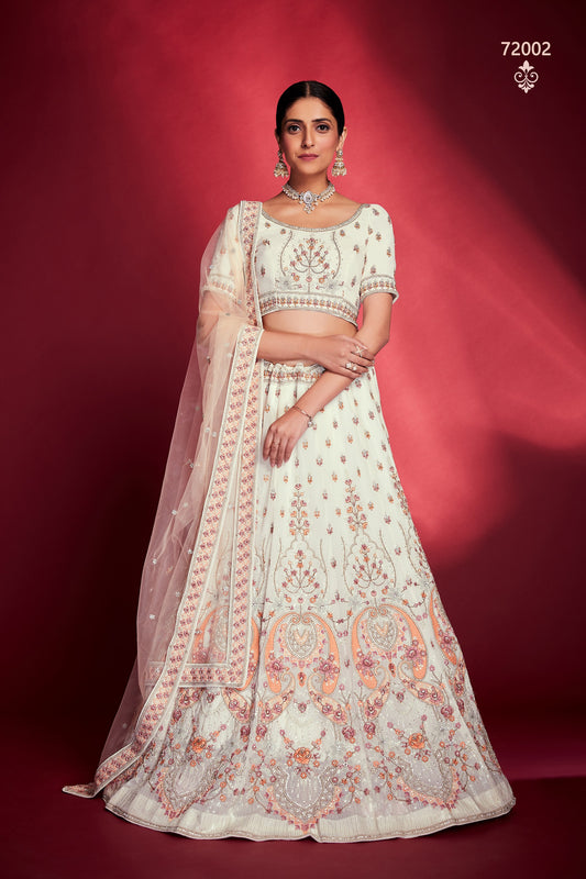 White Pakistani Georgette Lehenga Choli For Indian Festivals & Weddings - Sequence Embroidery Work, Thread Embroidery Work, Zari Work, Zarkan Work
