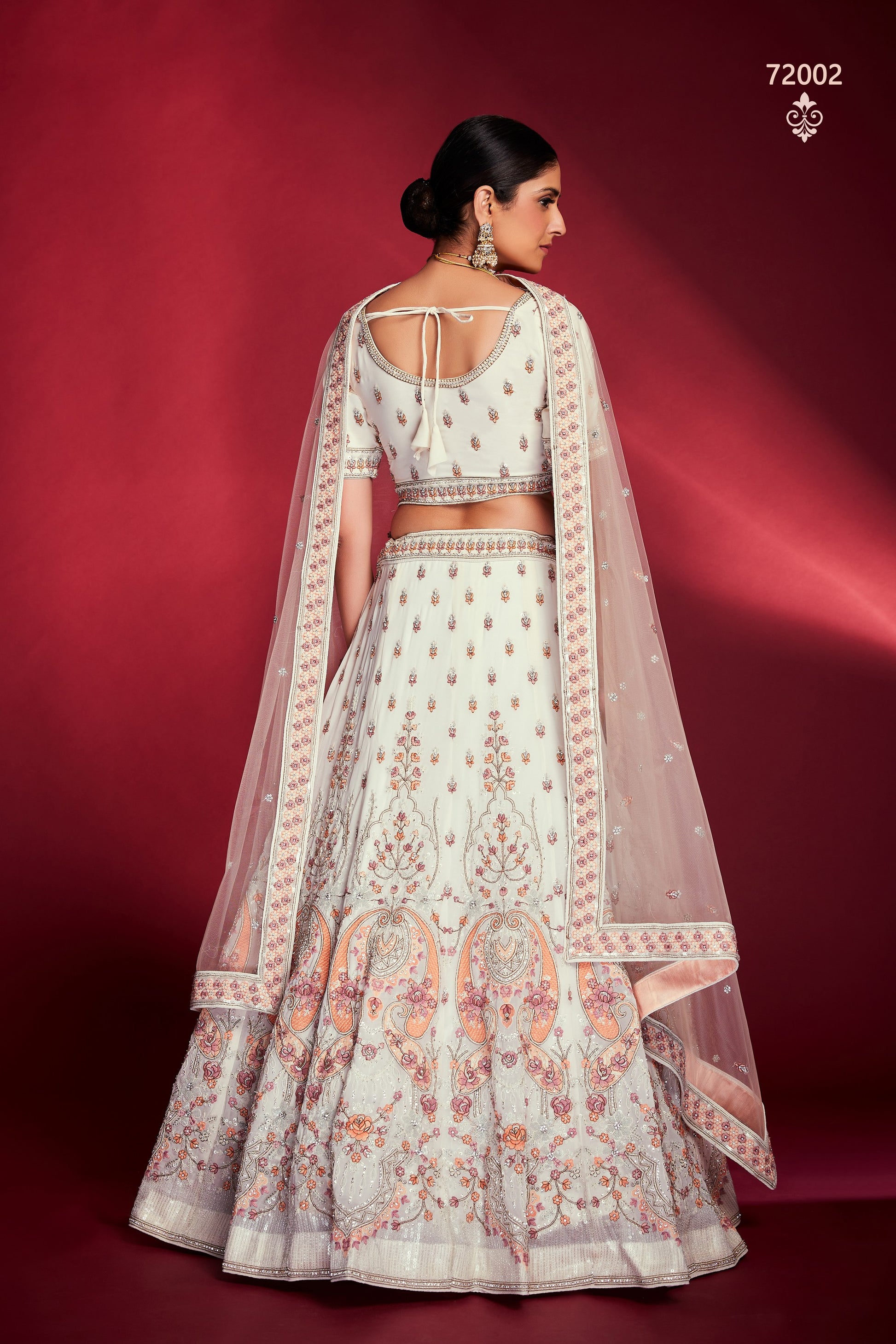 White Pakistani Georgette Lehenga Choli For Indian Festivals & Weddings - Sequence Embroidery Work, Thread Embroidery Work, Zari Work, Zarkan Work