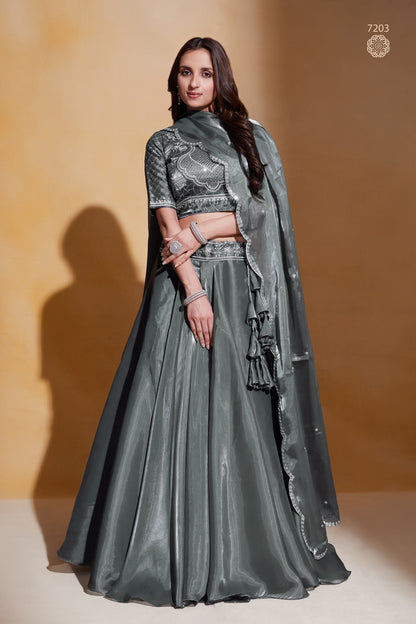 Gray Organza Silk Lehenga Choli 18 Meter Flair For Indian Festivals & Weddings - Sequence Embroidery Work, Thread Embroidery Work