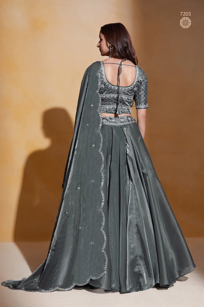 Gray Organza Silk Lehenga Choli 18 Meter Flair For Indian Festivals & Weddings - Sequence Embroidery Work, Thread Embroidery Work