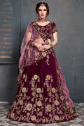 Purple Velvet Lehenga Choli For Indian & Pakistani Wedding Festival - Dori Work, Zari Work, Sequence Embroidery Work
